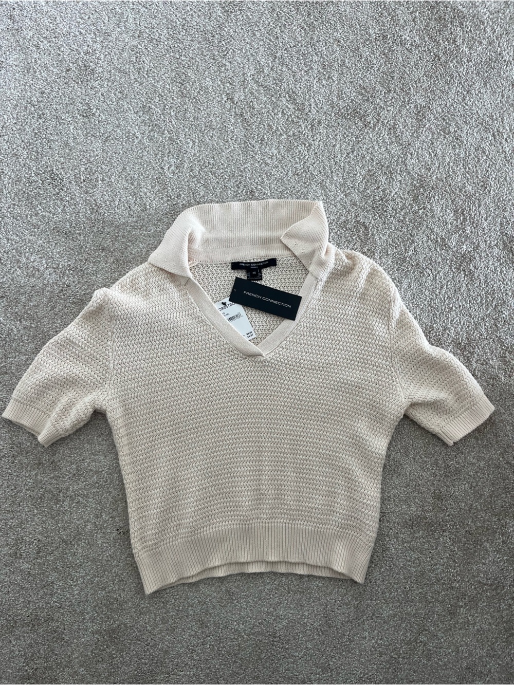French Connection Cream Collared V-Neck Short Sleeve Sweater